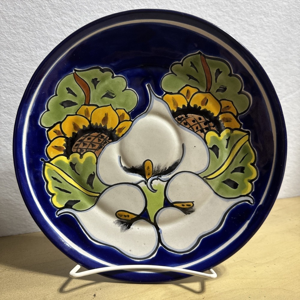 TALAVERA MEXICAN POTTERY PLATE CALLA LILIES AND SUNFLOWERS 10.5" - Picture 1 of 6